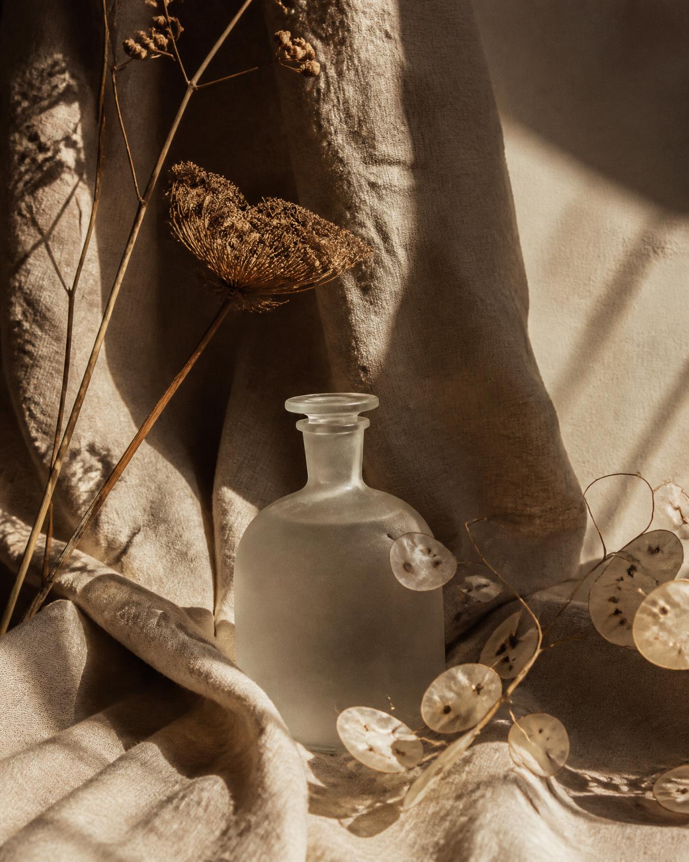 Frosted flacon among dried botanicals in raking sunlight