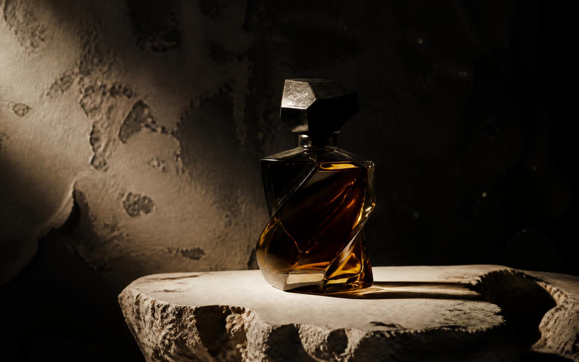 A sculptural amber fragrance bottle lit from the side on cracked plaster